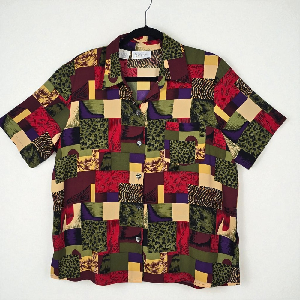 Kathy Che Vintage 90s Blouse Woman 12 Patchwork Print Short Sleeve‎ Button Up